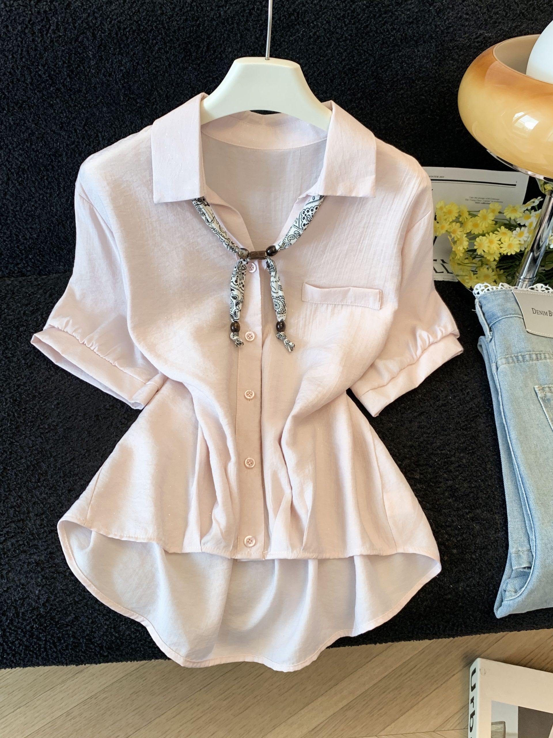 Women's French Silk Scarf Tie Polo Collar Short Sleeve Shirt Summer 2026 White Blouse - Image 2