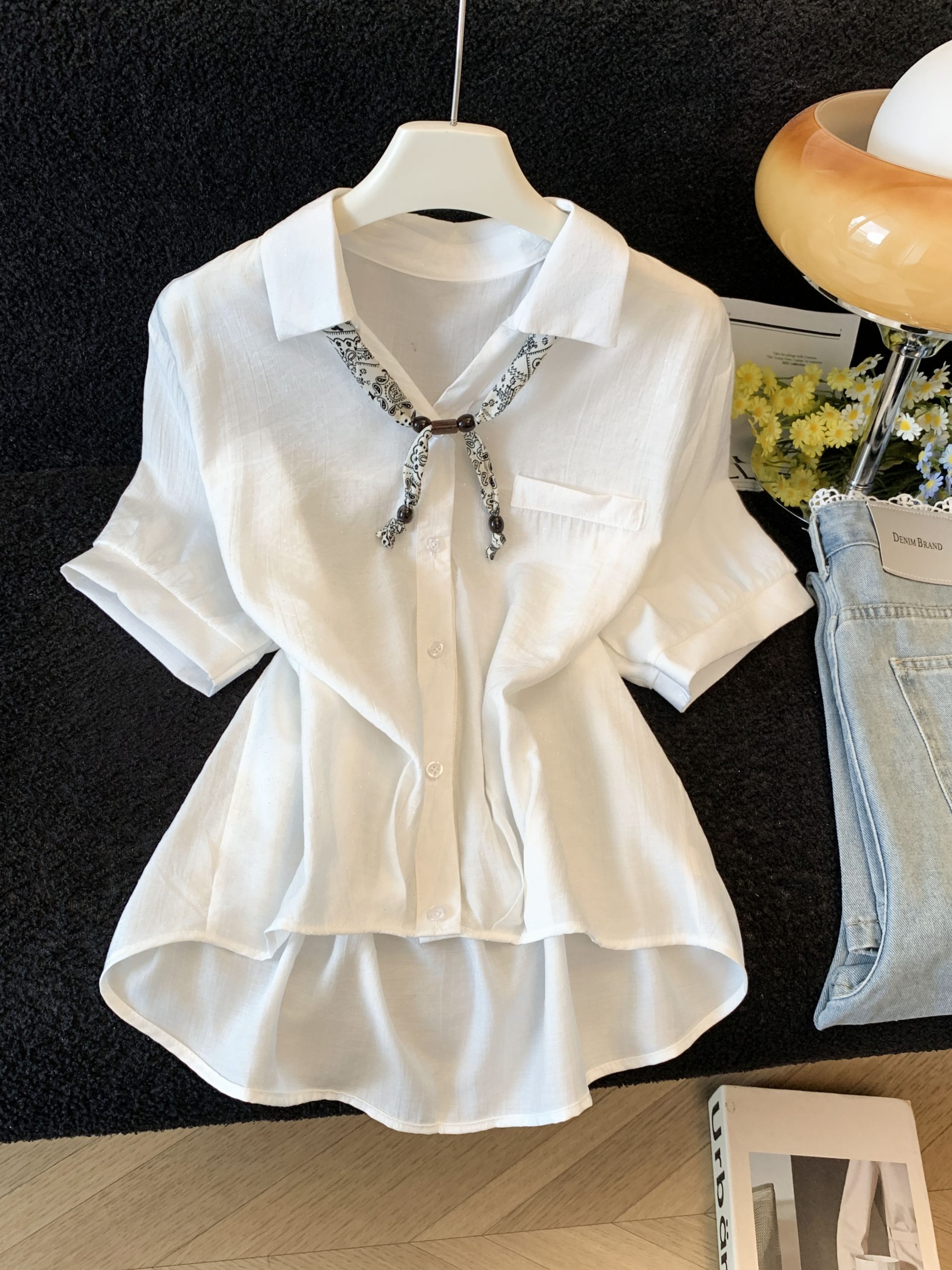 Women's French Silk Scarf Tie Polo Collar Short Sleeve Shirt Summer 2026 White Blouse - Image 3