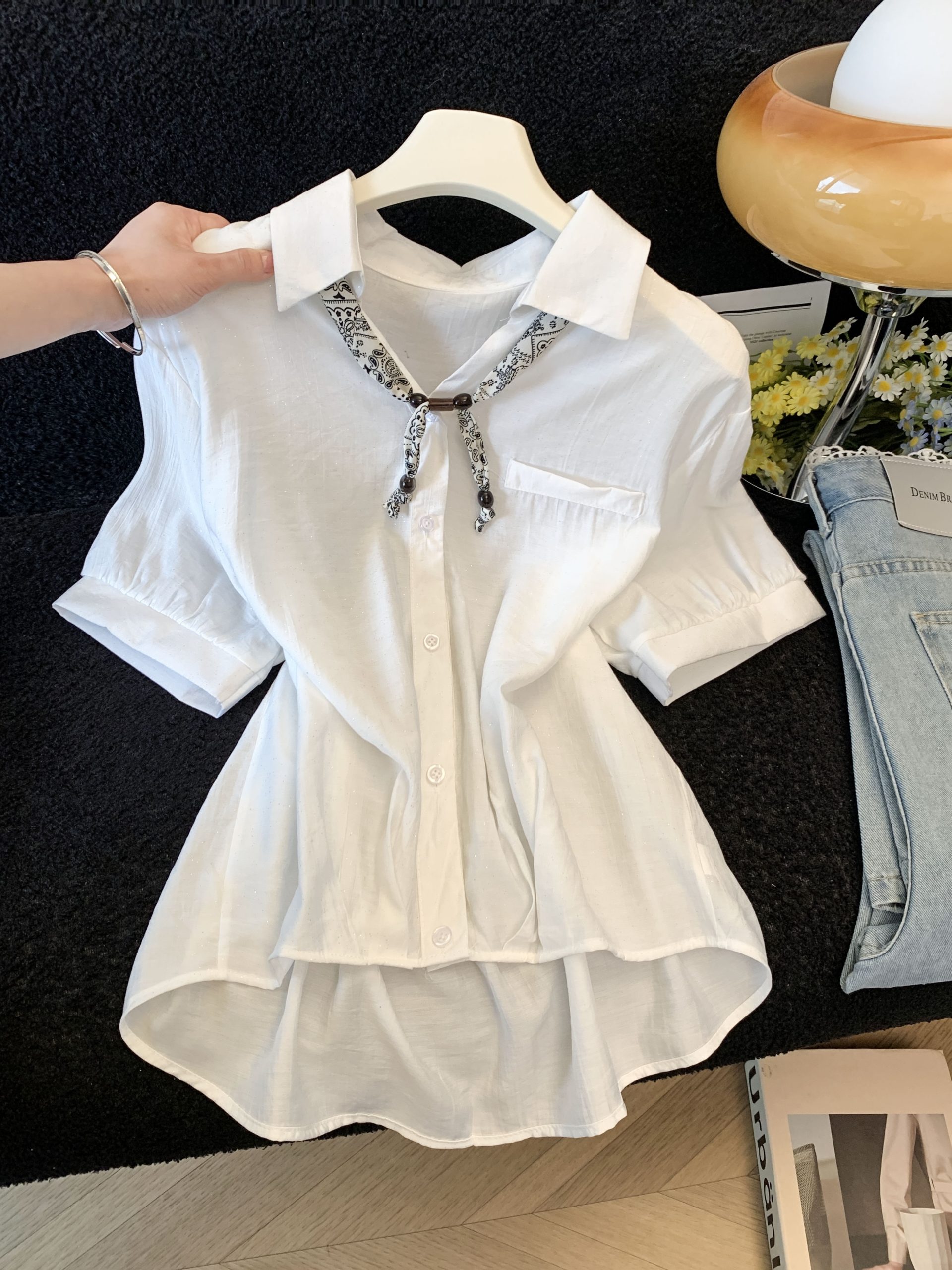 Women's French Silk Scarf Tie Polo Collar Short Sleeve Shirt Summer 2026 White Blouse - Image 4