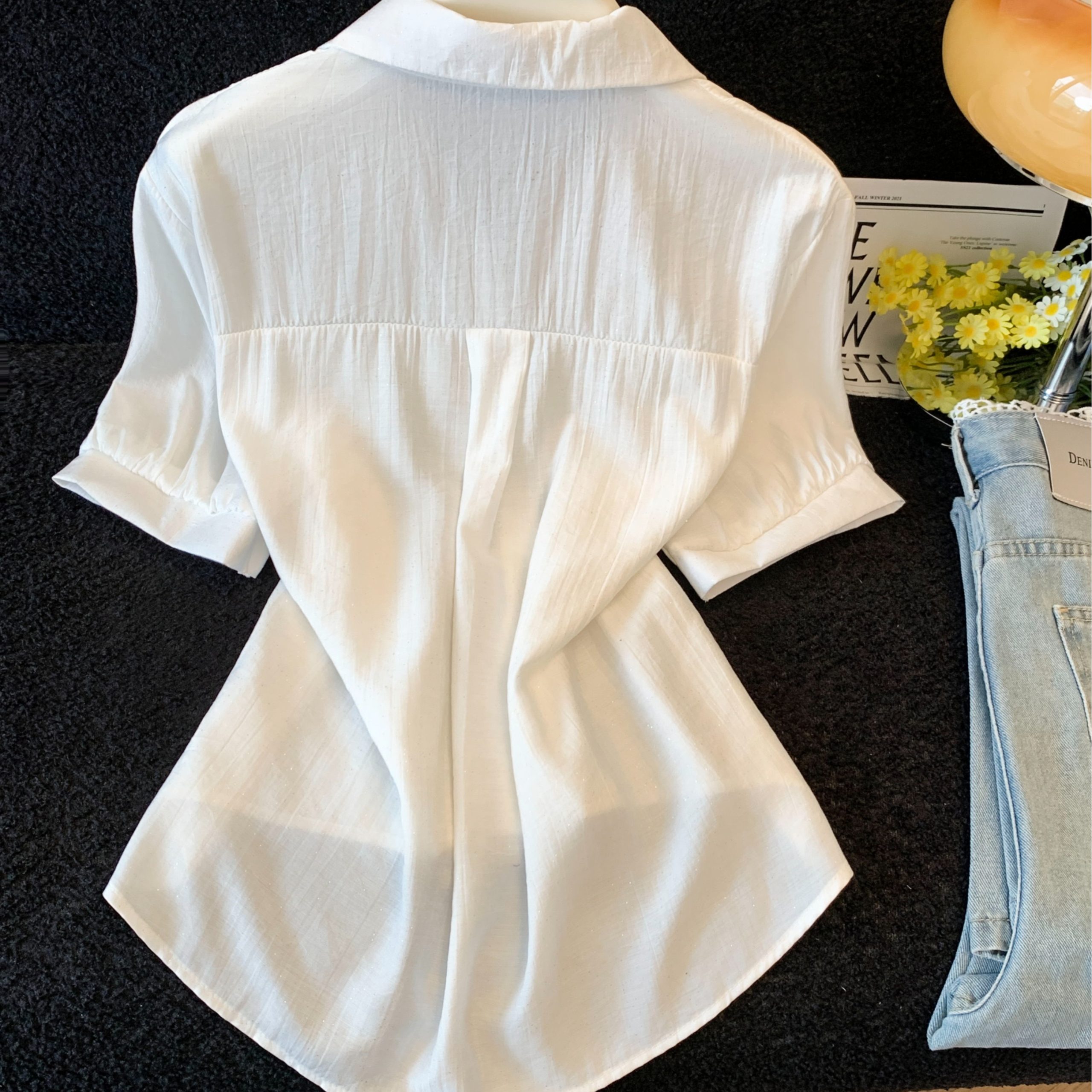 Women's French Silk Scarf Tie Polo Collar Short Sleeve Shirt Summer 2026 White Blouse - Image 5