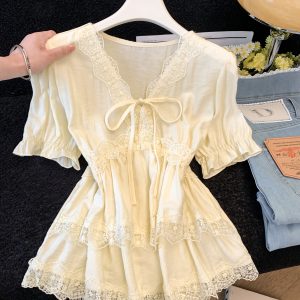 Women Summer Lace Trim Chiffon Top Puff Sleeve Loose French Style Blouse