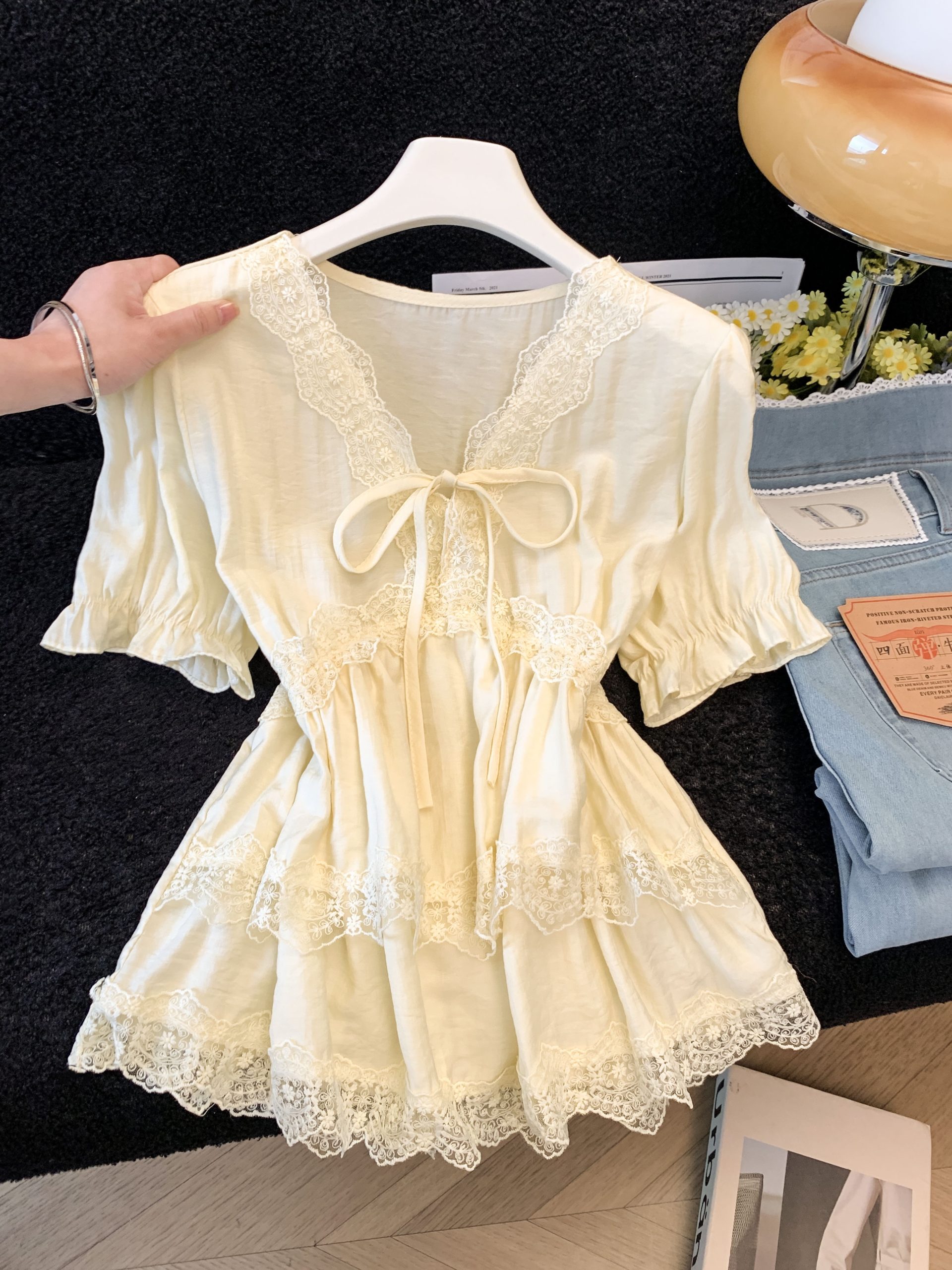 Women Summer Lace Trim Chiffon Top Puff Sleeve Loose French Style Blouse
