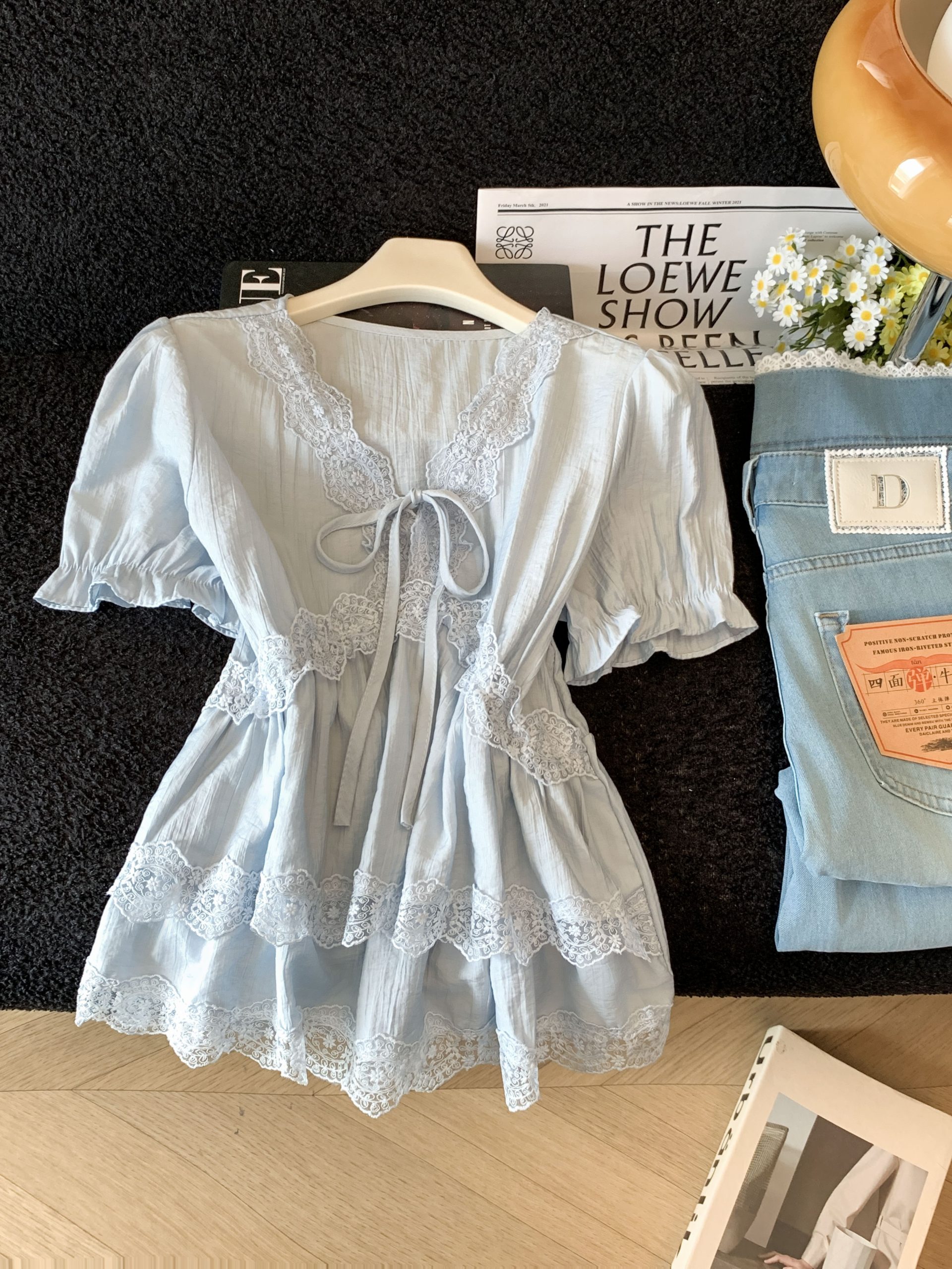 Women Summer Lace Trim Chiffon Top Puff Sleeve Loose French Style Blouse - Image 4