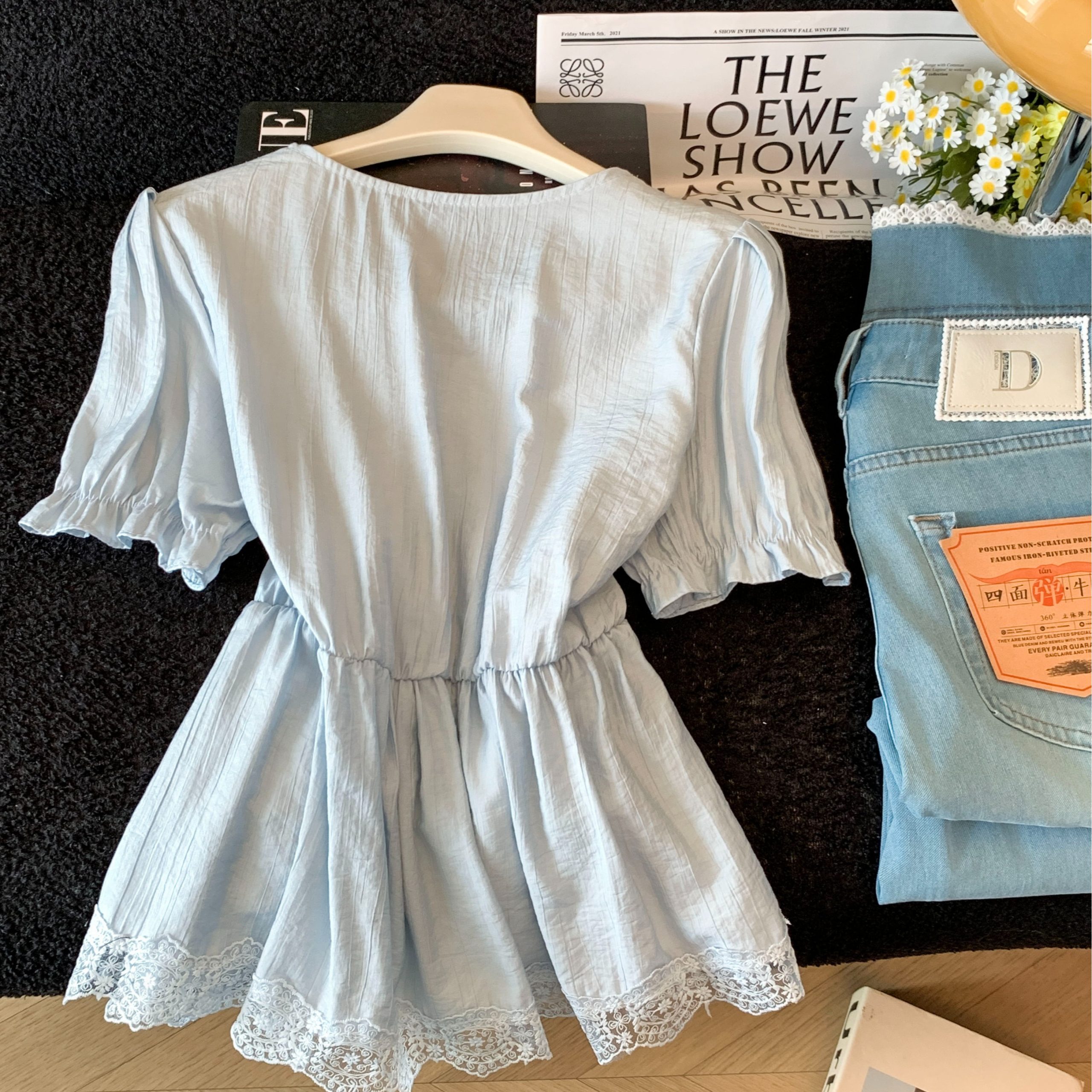 Women Summer Lace Trim Chiffon Top Puff Sleeve Loose French Style Blouse - Image 5
