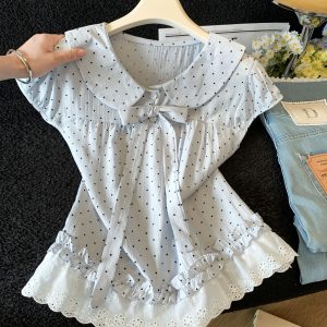 Sweet Lace Ruffle Trim Doll Collar Blouse for Women 2026 Summer Youthful Top