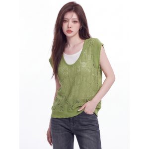 Green Cutout Fake Two-Piece Knit Vest Women Summer Korean Wave Edge U-Neck Breathable Slimming Top