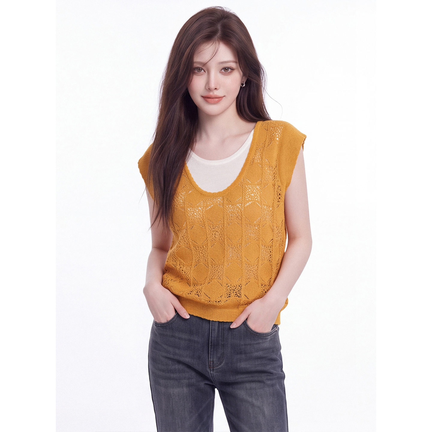 Green Cutout Fake Two-Piece Knit Vest Women Summer Korean Wave Edge U-Neck Breathable Slimming Top - Image 3