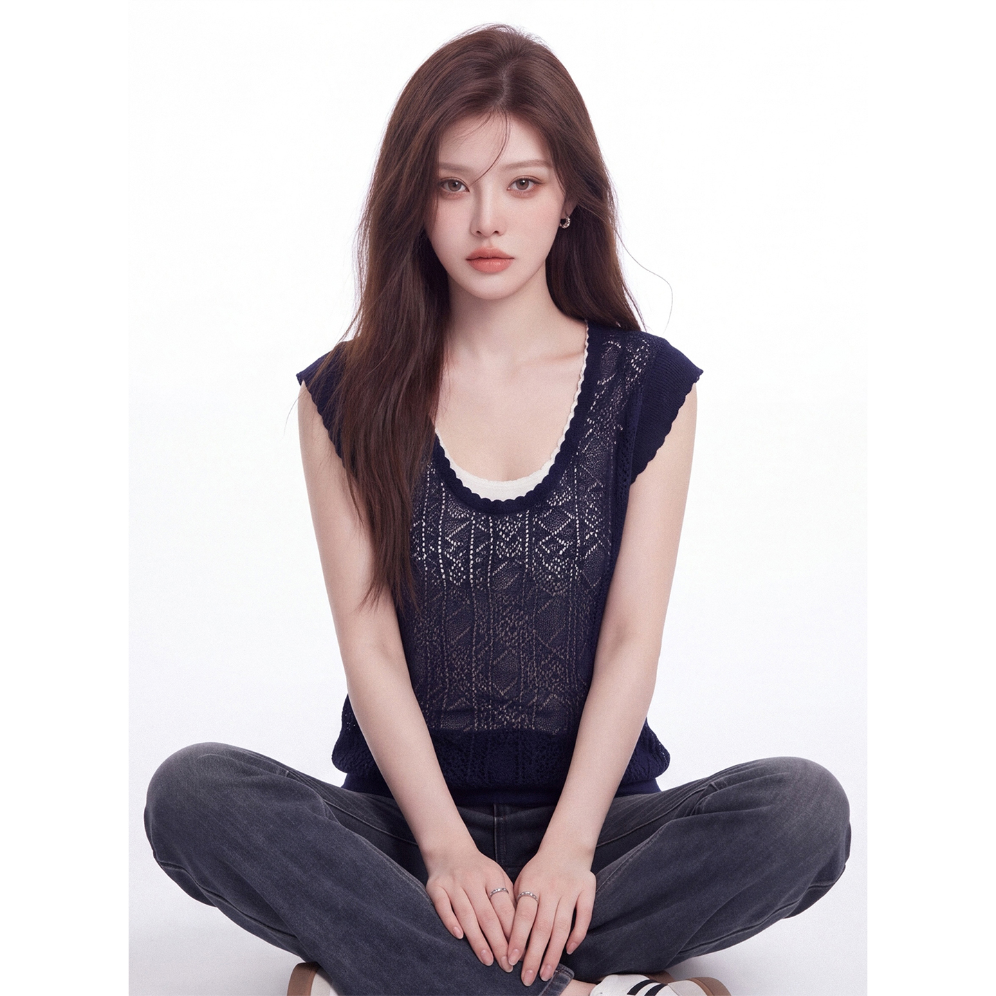 Green Cutout Fake Two-Piece Knit Vest Women Summer Korean Wave Edge U-Neck Breathable Slimming Top - Image 5