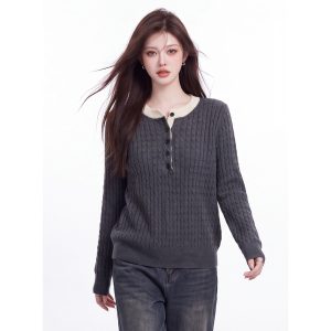 Women's Color Block Cable Knit Sweater Half Button Crew Neck Long Sleeve Commute Pullover Fall