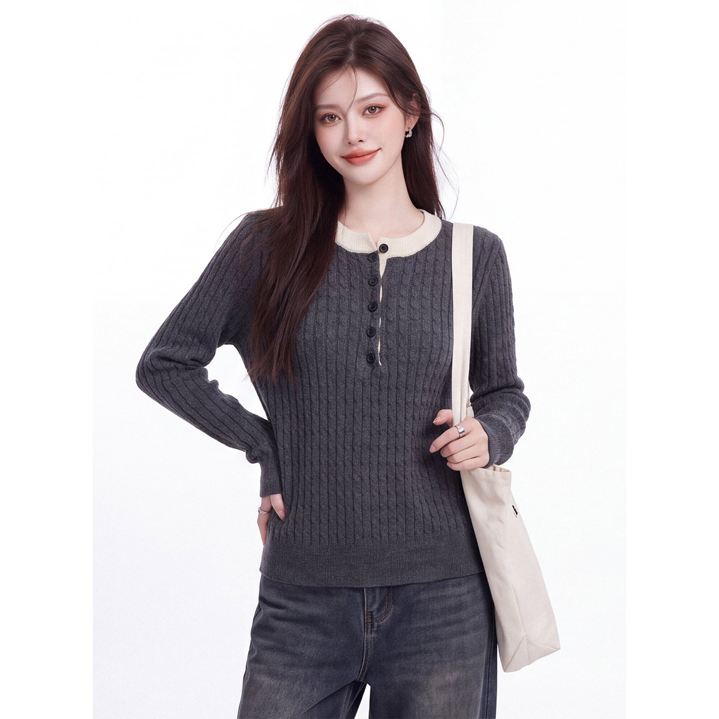 Women's Color Block Cable Knit Sweater Half Button Crew Neck Long Sleeve Commute Pullover Fall - Image 2