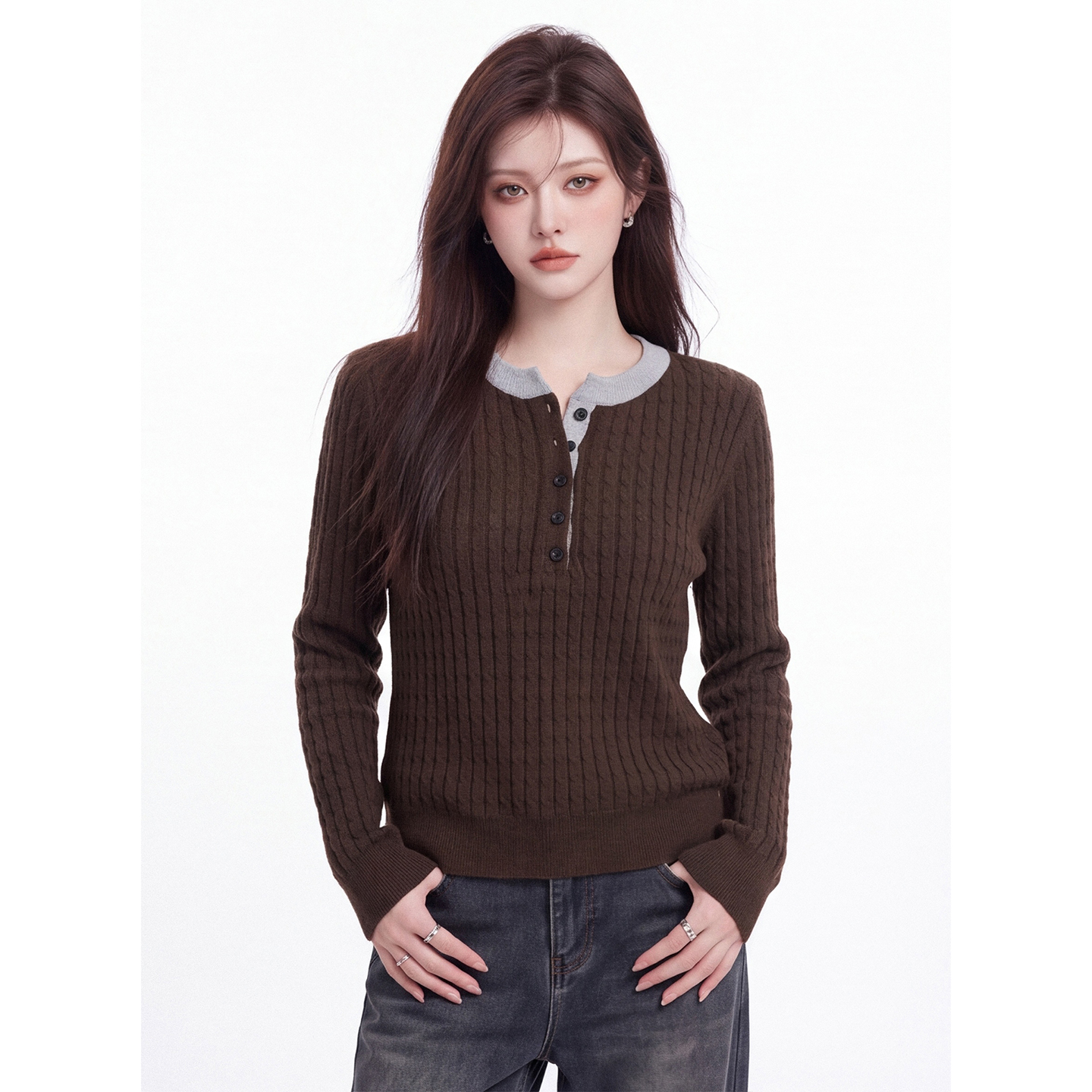 Women's Color Block Cable Knit Sweater Half Button Crew Neck Long Sleeve Commute Pullover Fall - Image 3