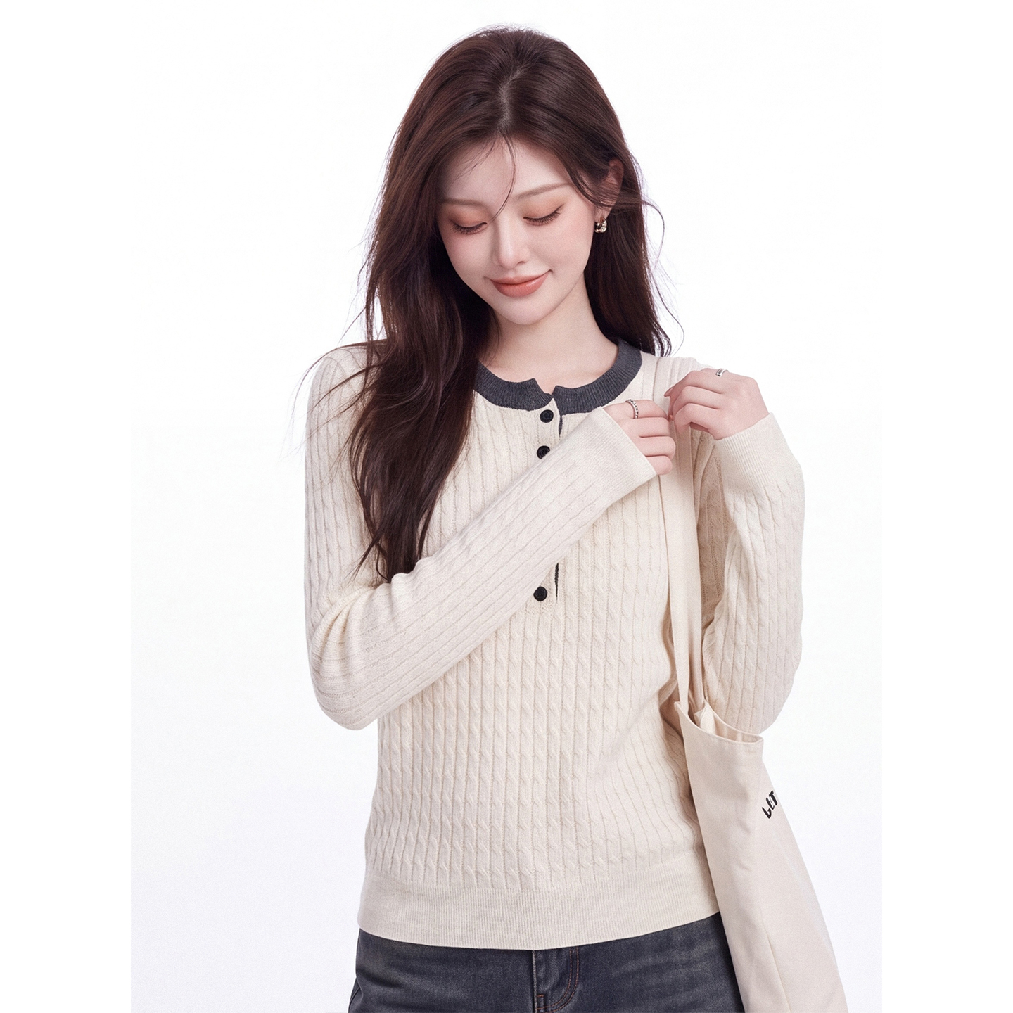 Women's Color Block Cable Knit Sweater Half Button Crew Neck Long Sleeve Commute Pullover Fall - Image 4