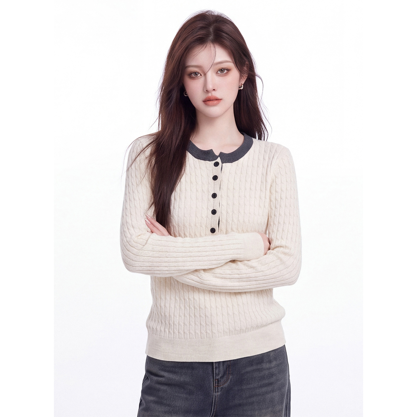 Women's Color Block Cable Knit Sweater Half Button Crew Neck Long Sleeve Commute Pullover Fall - Image 5