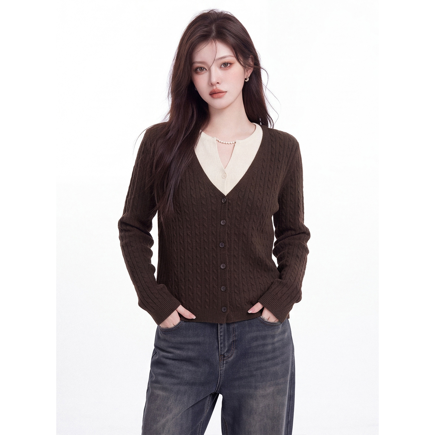 Women's Faux Two-Piece V-Neck Cable Knit Cardigan Fall 2026 Color-Block Textured Long-Sleeve Slim Short Sweater - Image 2