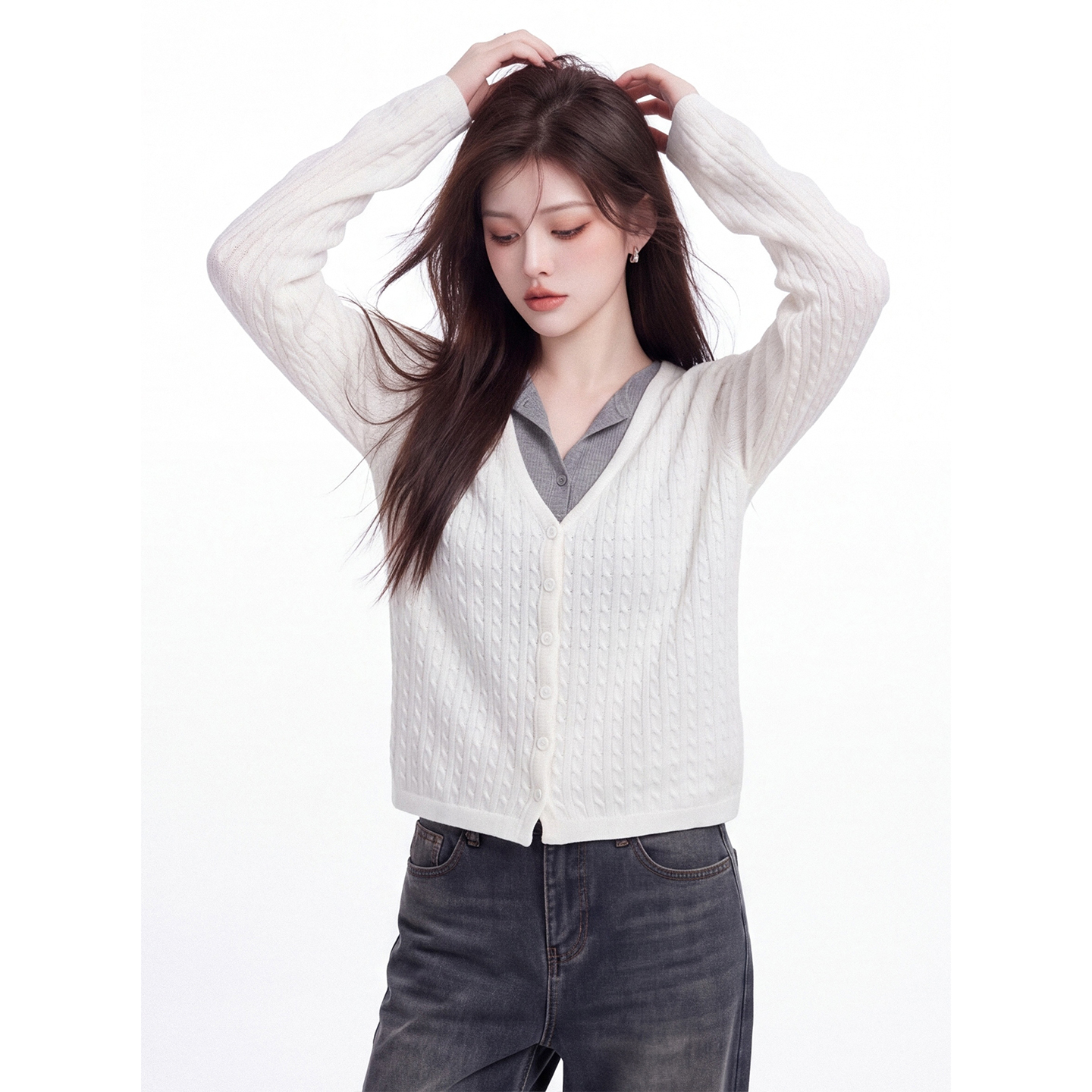 Women's Faux Two-Piece V-Neck Cable Knit Cardigan Fall 2026 Color-Block Textured Long-Sleeve Slim Short Sweater - Image 3