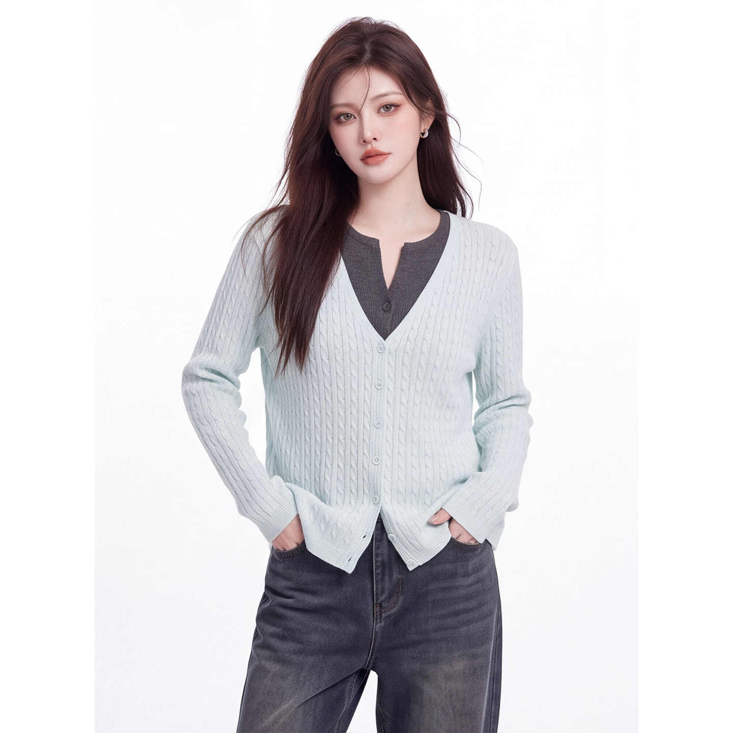 Women's Faux Two-Piece V-Neck Cable Knit Cardigan Fall 2026 Color-Block Textured Long-Sleeve Slim Short Sweater - Image 4