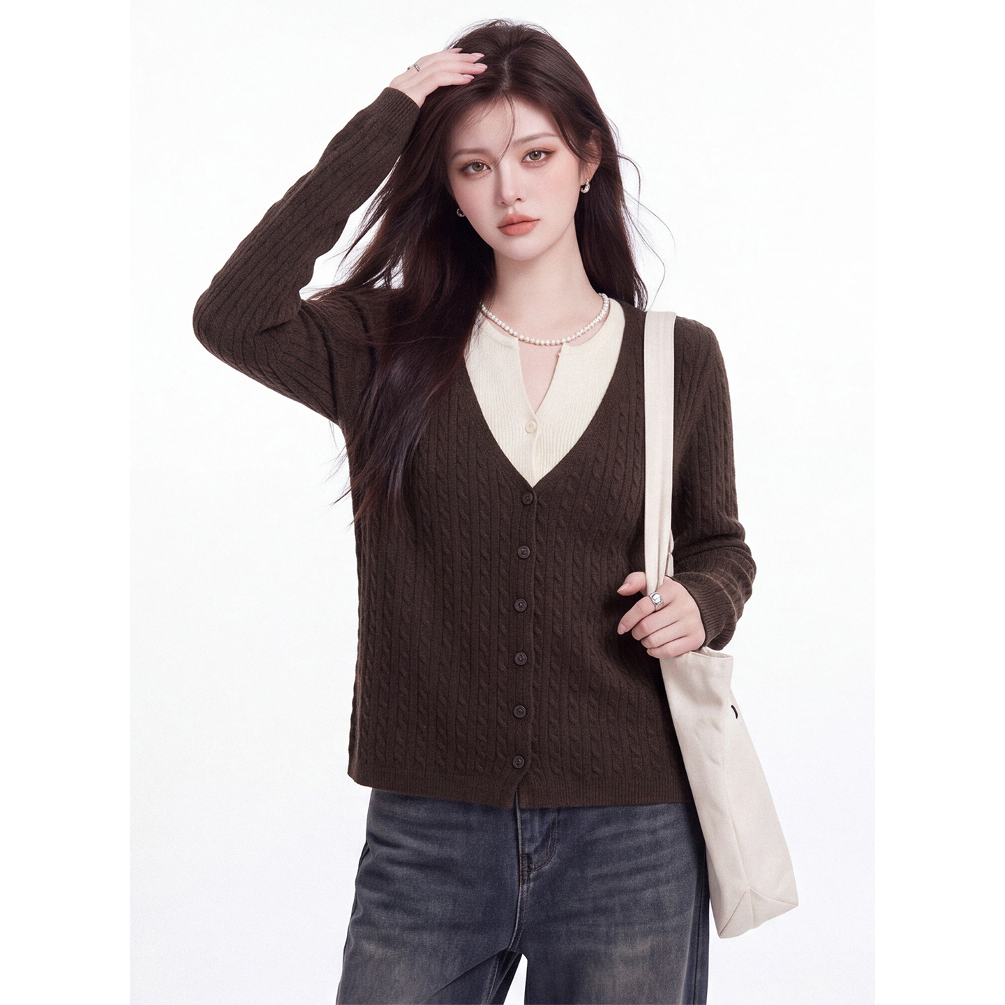 Women's Faux Two-Piece V-Neck Cable Knit Cardigan Fall 2026 Color-Block Textured Long-Sleeve Slim Short Sweater - Image 5