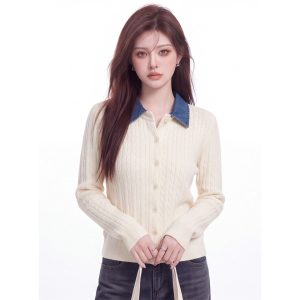 Preppy Faux-Layer Knit Cardigan Women Fall Contrast Collar Cable Sweater Short Coat