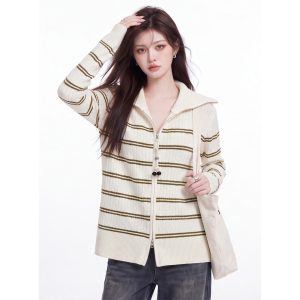 Women's Color Block Striped Zip Knit Cardigan Fall 2026 Retro Cable Texture Outerwear Sweater Top