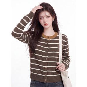 Women's Color Block Striped Knit Cardigan Top 2026 Early Autumn Loose Slimming Round Neck Short Sweater