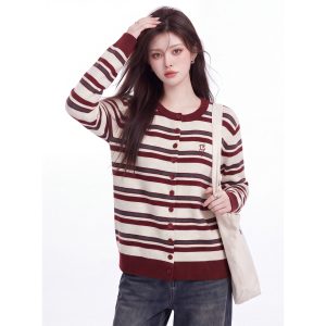 Korean Color Block Striped Embroidered Knit Cardigan Women Autumn Loose Slimming Sweater Coat Long Sleeve Top