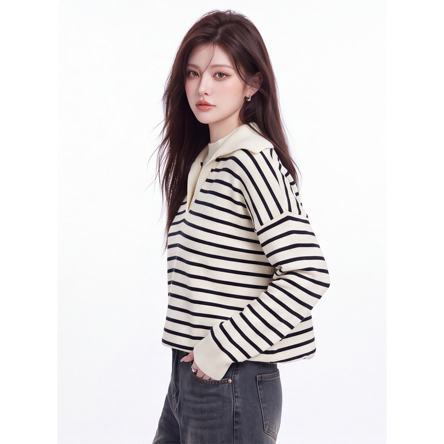 Striped Faux-Layer Polo Neck Long Sleeve Knit Top for Women Fall New Loose Slimming Casual Short Sweater - Image 2