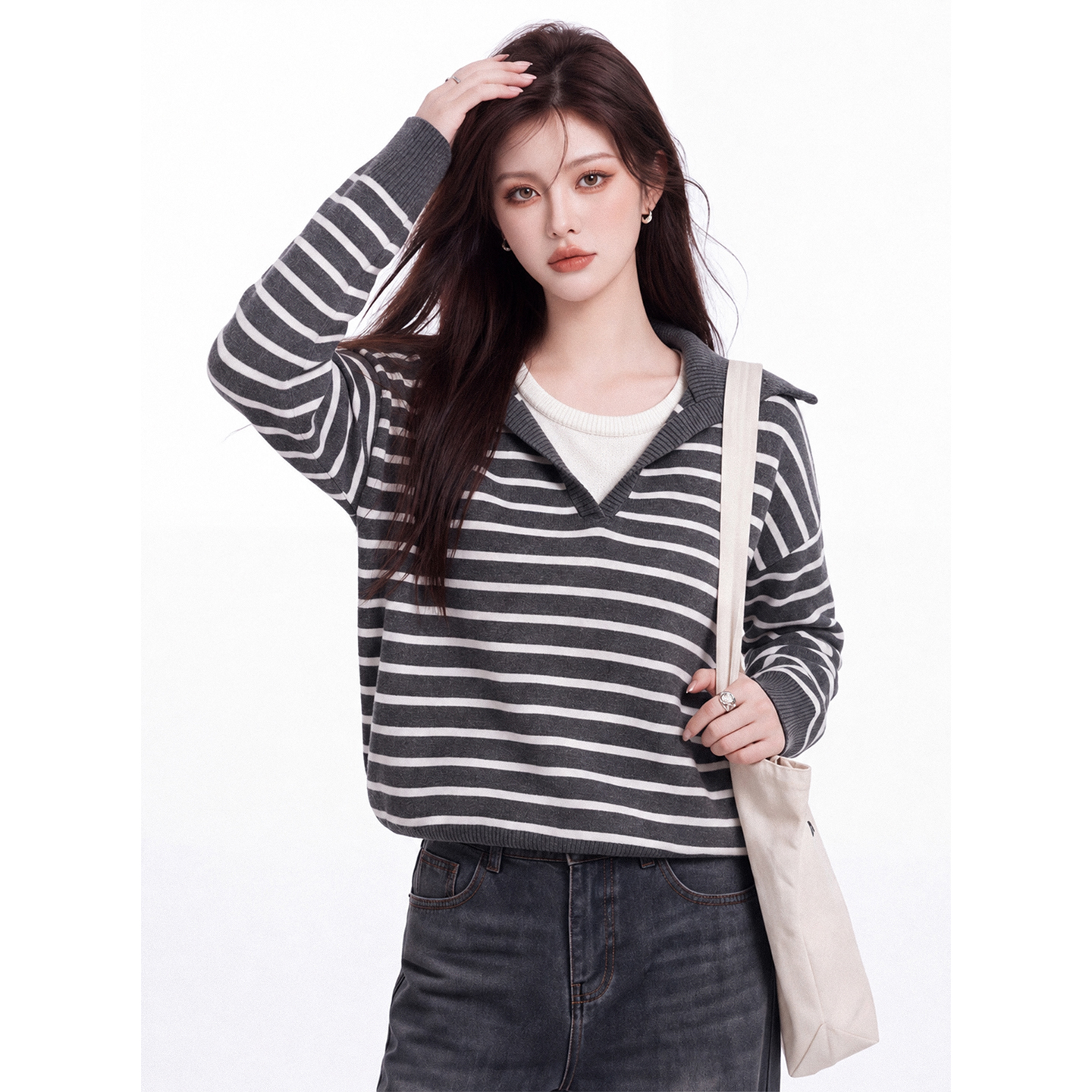Striped Faux-Layer Polo Neck Long Sleeve Knit Top for Women Fall New Loose Slimming Casual Short Sweater - Image 3