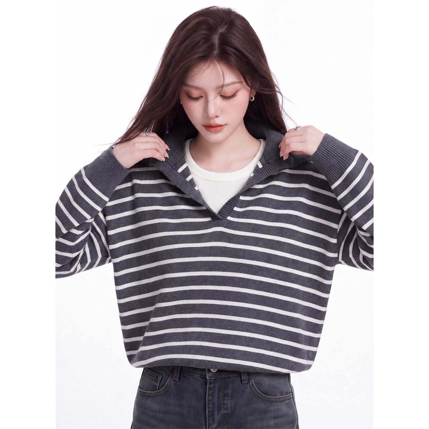 Striped Faux-Layer Polo Neck Long Sleeve Knit Top for Women Fall New Loose Slimming Casual Short Sweater - Image 4
