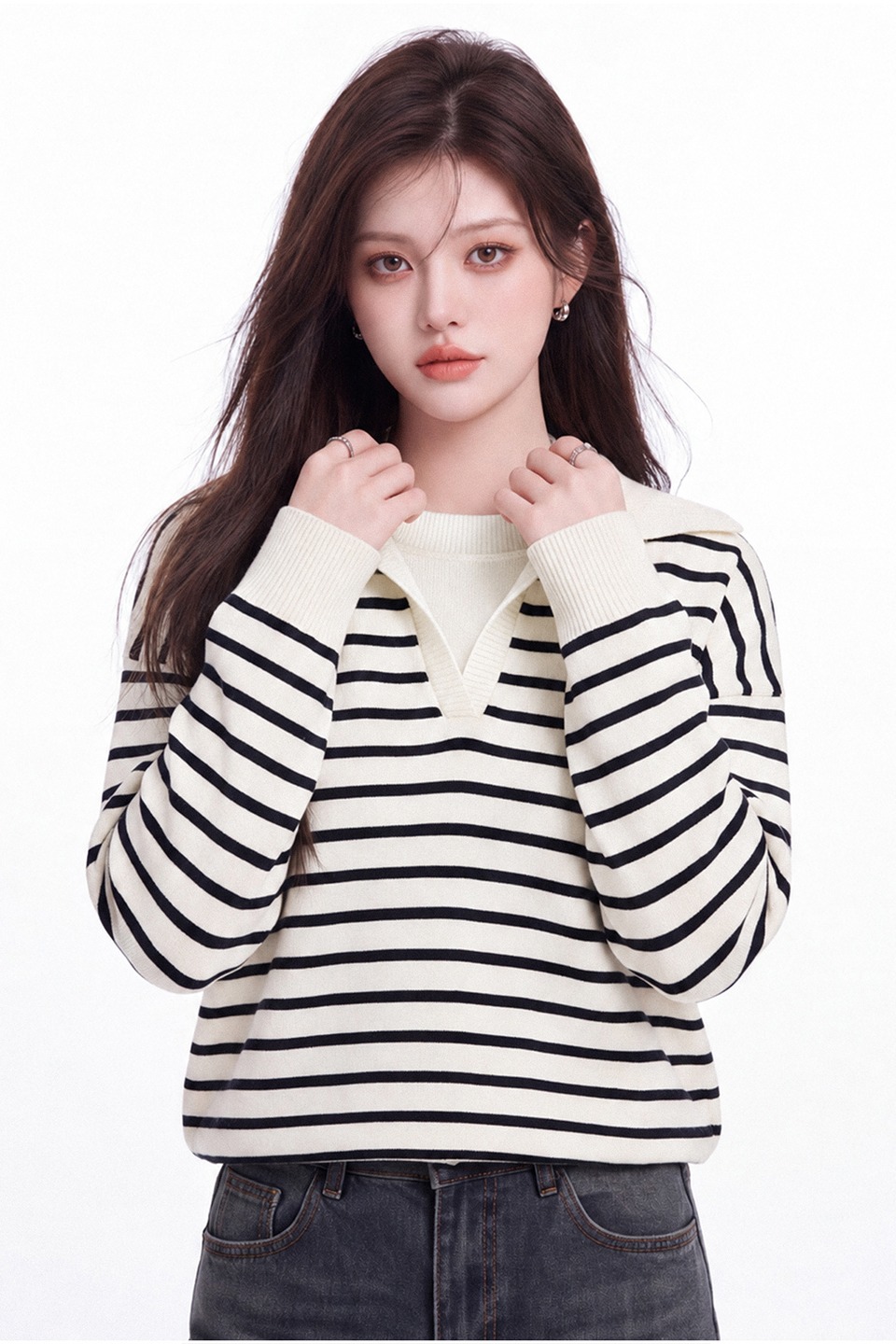 Striped Faux-Layer Polo Neck Long Sleeve Knit Top for Women Fall New Loose Slimming Casual Short Sweater - Image 5