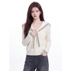 Women's Sailor Collar Cape Sleeve Knit Sweater 2026 Early Autumn Loose Slimming Elegant Top
