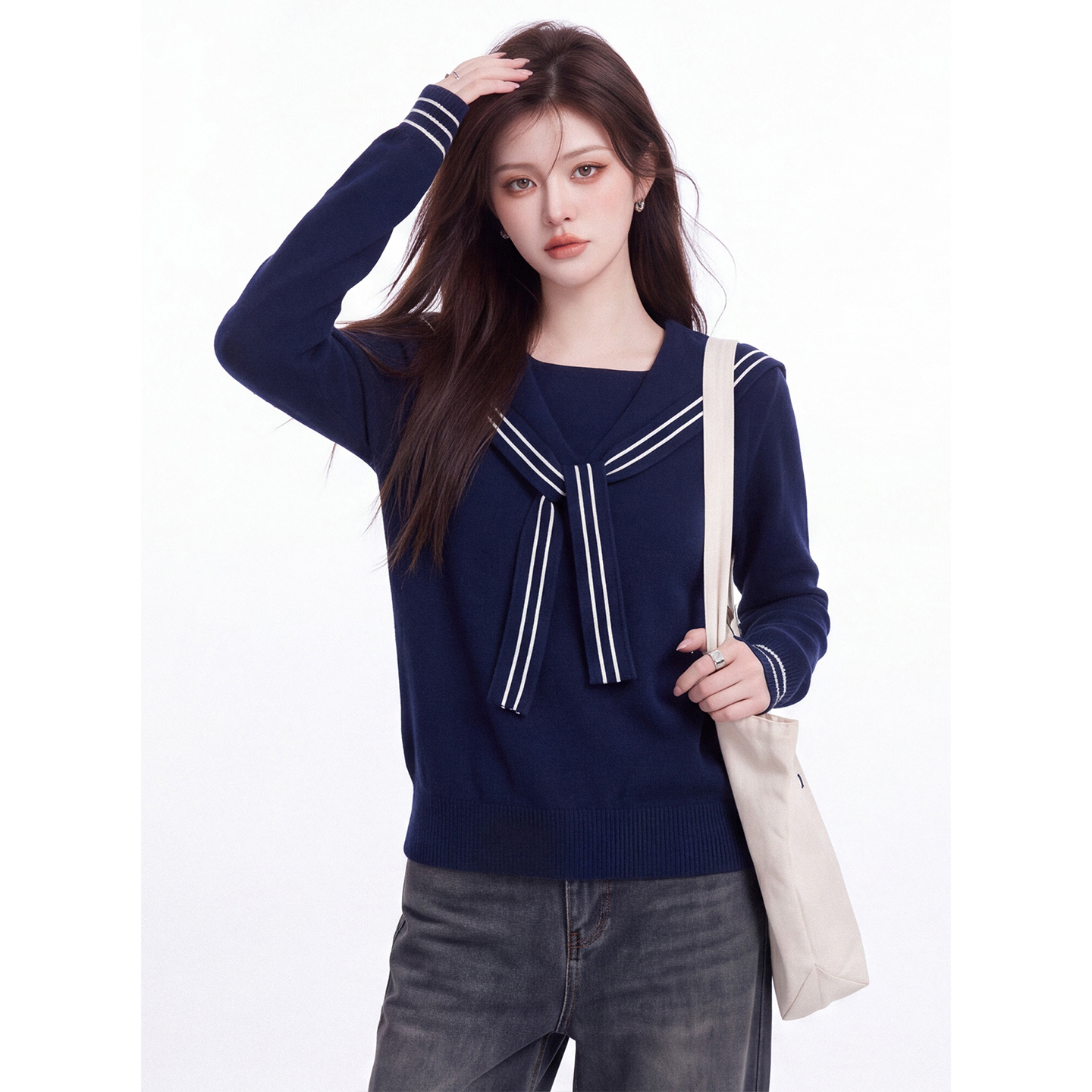 Women's Sailor Collar Cape Sleeve Knit Sweater 2026 Early Autumn Loose Slimming Elegant Top - Image 3