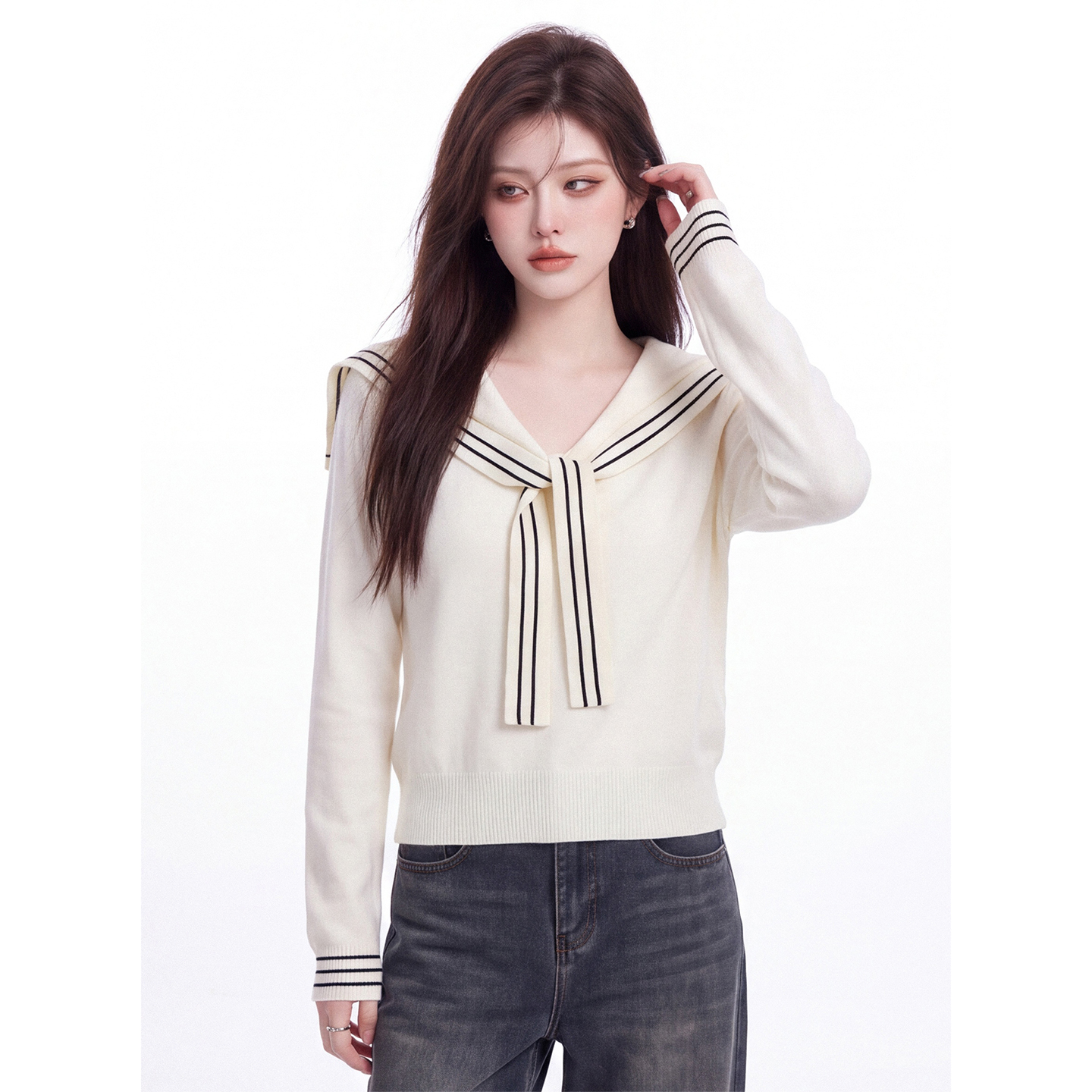 Women's Sailor Collar Cape Sleeve Knit Sweater 2026 Early Autumn Loose Slimming Elegant Top - Image 2